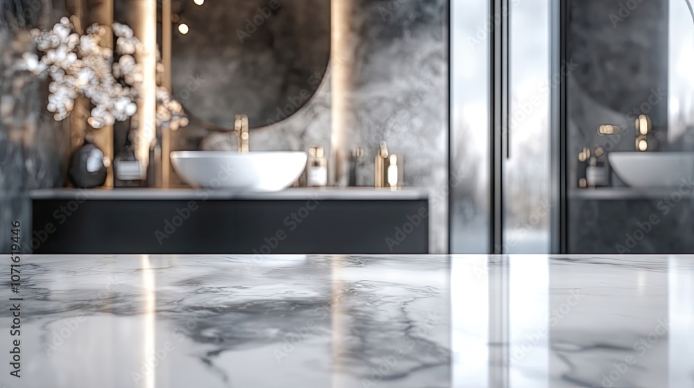 Poster empty marble table with a blurred bathroom backdrop creates an elegant atmosphere, perfect for highl