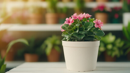 Obraz premium A vibrant potted flower with pink blossoms sits on a wooden surface, surrounded by greenery and various plants in a bright, inviting setting.