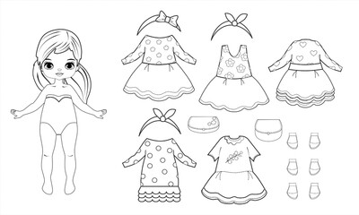 Paper doll clothes baby. Paper doll outline. Coloring page, Coloring book. Cute girl with clothes. Vector illustration isolated on white background. Dress up, cutouts, cut out. Fashion girl. Toy, game