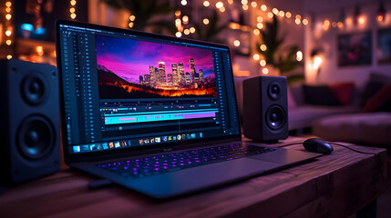 Fototapeta premium Laptop with Speakers, Cityscape on Screen, Close-Up Photo