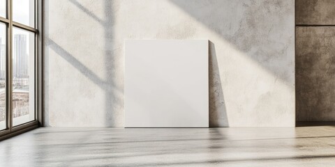 A light grey minimalist canvas poster, framed in white, rests on a concrete floor beneath an empty wall, with a view of the window nearby.