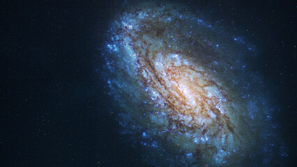 Amazing Space galaxy, blue starry background. View from space to a spiral galaxy and stars....