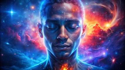 Obraz premium man in the space. space, light, fantasy, abstract, universe, concept, stars, science, illustration, galaxy, vision, dream, fire, human, star, woman, god, art, brain, earth, black, imagination, energy,