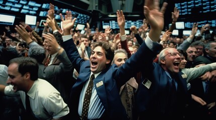 Lively crowd of stock traders exults in the bustling stock market, capturing the energy and thrill of financial exchange and decision-making.