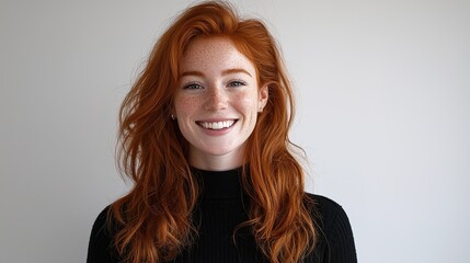 Naklejka premium Happy Smiling Woman with Red Hair and Freckles