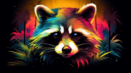 Colorful Raccoon Face on Black Background. Generative AI.