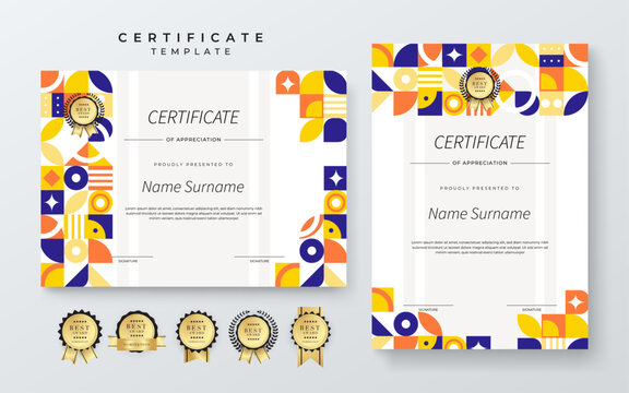 Colorful Geometric Shape Certificate Design Template With Award Badges. Comes with award badges for a professional presentation of accomplishment and recognition