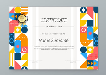 Modern Certificate of Appreciation Template with Colorful Geometric Design. Simple certificate template featuring vibrant geometric patterns. Ideal for awards, achievements, and recognition events