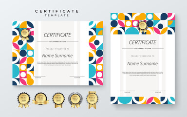 Modern Geometric Certificate Template With Award Badges. Professional certificate template featuring modern geometric design with abstract shapes