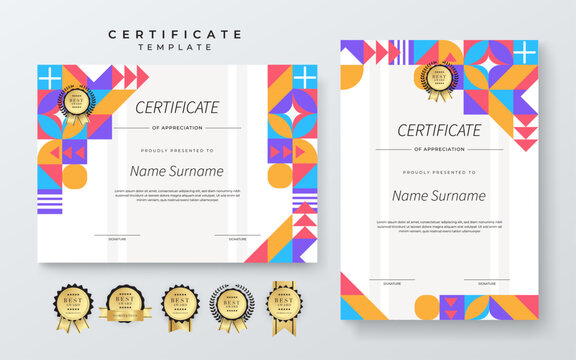 Modern Geometric Certificate Template With Award Badges. Professional certificate template featuring modern geometric design with abstract shapes