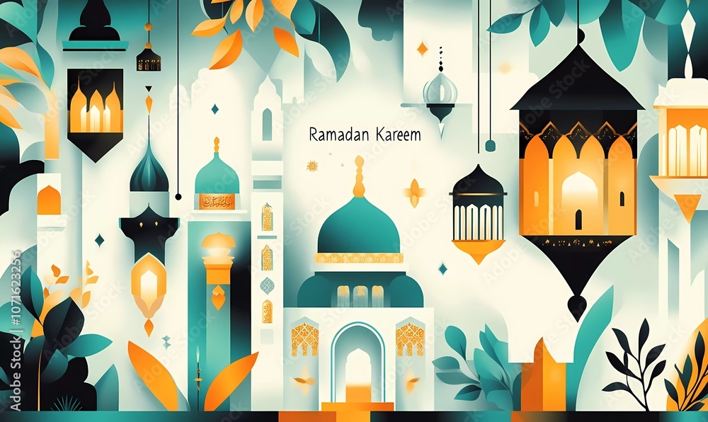 Fototapete vector flat illustration of ramadan kareem banner with lantern and mosque in simple geometric shapes