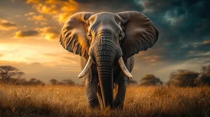 Obraz premium Majestic elephant walking through golden grasslands at sunset in the African savanna
