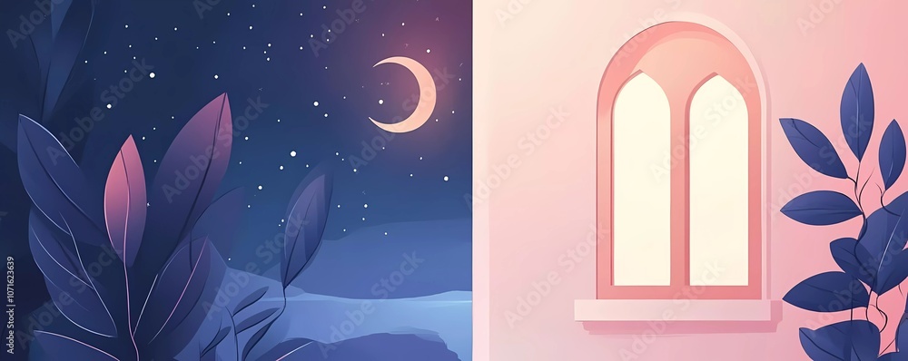 Fototapete vector flat illustration set of ramadan kareem, featuring a mosque window with a night sky and cresc