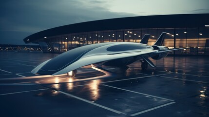 A sleek, futuristic aircraft rests elegantly on the airport tarmac under soft evening lights, promising innovation in aviation.