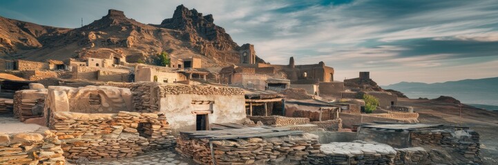 A banner depicting an ancient village built of weathered stones. The village is located at the foot of a rugged mountainous area, and in the distance the remains of an old fortification stand proudly.