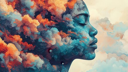 A surreal portrait blending a woman's profile with a vibrant cloudscape, symbolizing creativity and introspection