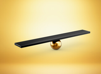 A Black Balanced Seesaw On Shiny Golden Fulcrum Symbolizes Leverage And Equilibrium 3D Illustration