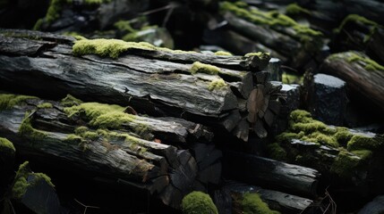 A pile of dark, aged logs adorned with vivid green moss, presenting a rustic and textured scenery in a forest setting.