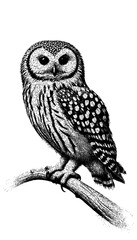 Intricate Full-Body Stippled Dotwork Owl Illustration on Branch with clipping path.