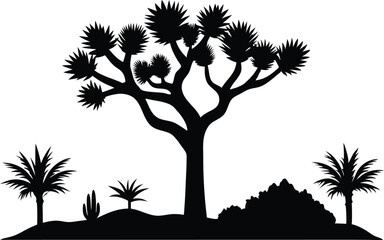 Joshua tree, black silhouette vector of joshua tree, cacti, agaves, and prickly pear