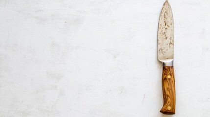 Rustic Charm: A well-worn chef's knife with a wooden handle rests on a textured surface, ready for culinary adventures.  The image evokes a sense of nostalgia and timeless quality. 