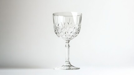 Obraz premium A single, clear wine glass with intricate diamond-cut patterns stands tall against a clean, minimalist backdrop.
