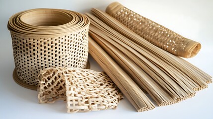 A collection of woven bamboo strips, including a cylindrical basket, a flat woven sheet, a rolled piece of woven bamboo, and a bundle of bamboo sticks.