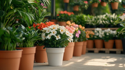 Fototapeta premium A vibrant display of colorful flowers in pots, showcasing a variety of plants arranged harmoniously in a garden setting.