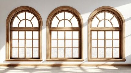 Obraz premium Three arched windows white room wall are made Beautiful wooden arch window