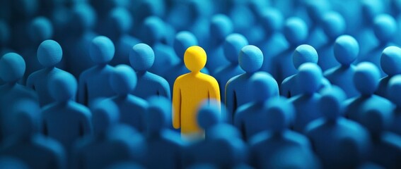 individuality, leadership, distinction, standout concept in a crowd of blue figures with a single bright yellow figure standing out prominently, symbolizing uniqueness and identity