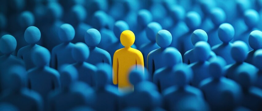 individuality, leadership, distinction, standout concept in a crowd of blue figures with a single bright yellow figure standing out prominently, symbolizing uniqueness and identity