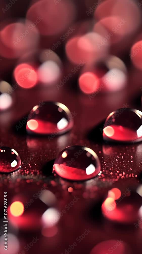 Poster water droplets on a red surface reflect the surrounding lights, creating a vibrant and colorful abst