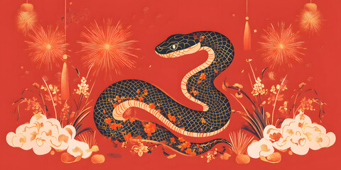 Obraz premium Gorgeous and luxurious Chinese Year of the Snake hand-painted artwork, illustration, wallpaper, commercial poster, poster, background, Chinese New Year, snake, year of the snake, 2025, zodiac，gold
