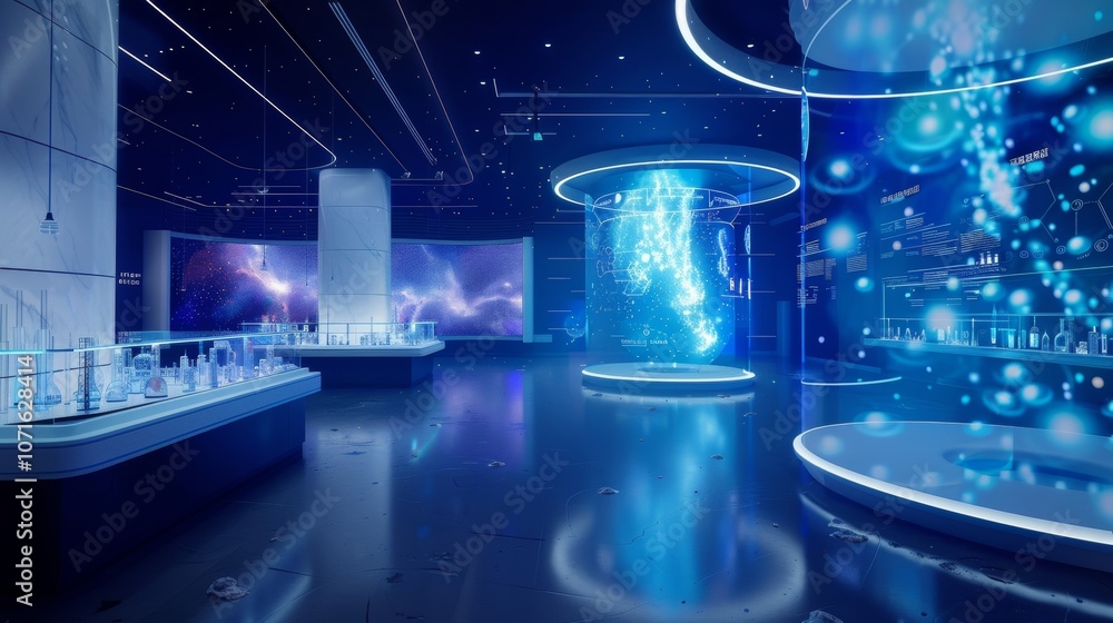 Poster futuristic lab with holographic projections, data visualizations, and advanced equipment, creating a