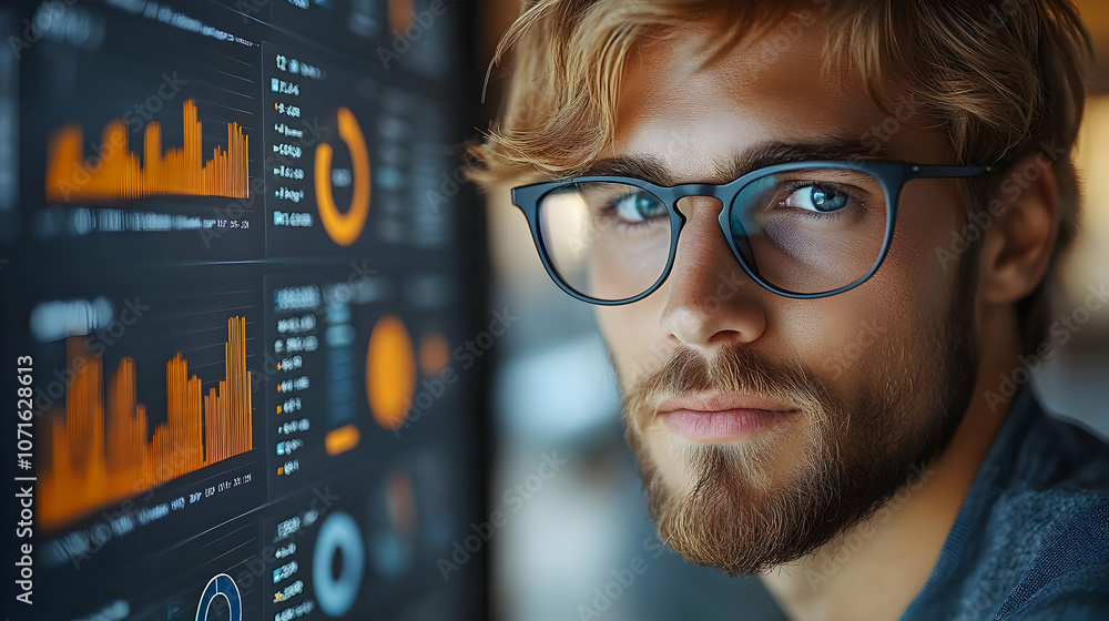 Aufkleber closeup of a man wearing glasses looking at data on a computer screen - realistic image