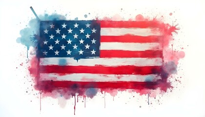 American flag painted with watercolor paints. Grunge background.