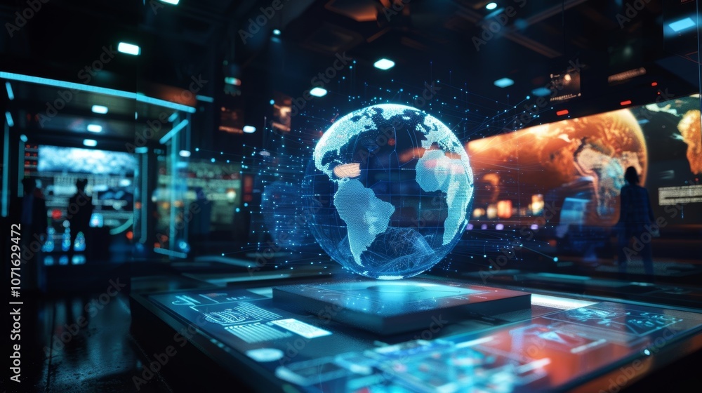 Poster inside a futuristic command center, technicians monitor a holographic projection of earth, visualizi