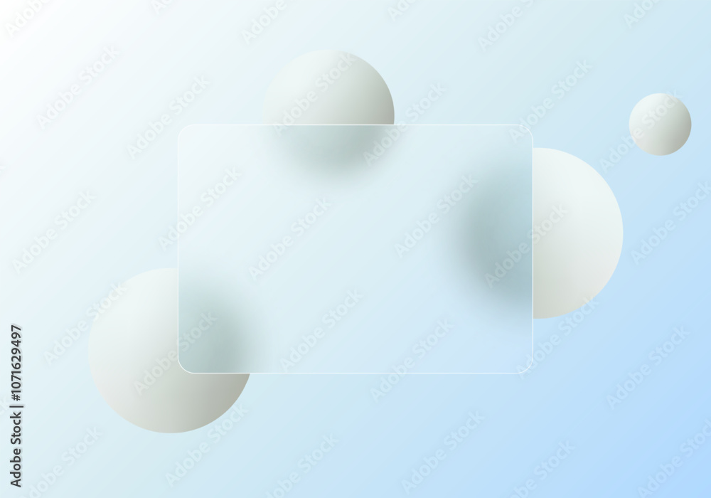 Poster glass morphism website landing page template. frosted glass partition with floating spheres.