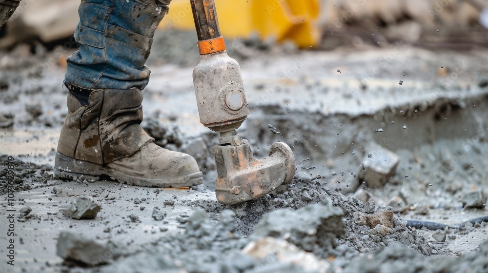 Aufkleber in a closeup shot a worker can be seen using a jackhammer to break apart a stubborn chunk of concret