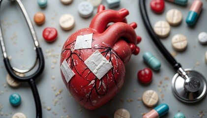 A heart model with band-aids and surrounded by pills and a stethoscope, symbolizing the impact of medication on heart health.