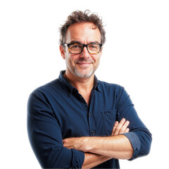 Smiling middle-aged man with glasses in dark shirt on transparent background