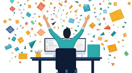 A happy man sitting at his desk working with icon illustration