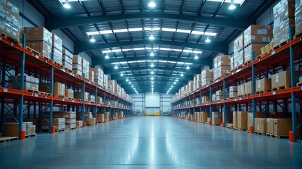 Interior of an industrial warehouse with LED lighting, serving as part of a storage and shipping system in a distribution and retail center.
