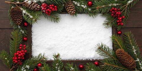 Fototapeta premium A snowy Christmas frame featuring evergreen branches adorned with red berries and pine cones, perfect for holiday greetings.