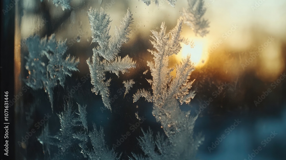 Poster intricate frost patterns on a window pane, illuminated by the warm glow of a setting sun.