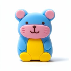 Naklejka premium Blue and yellow toy bear with pink ears.