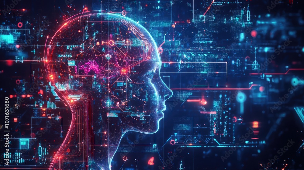 Poster a digital representation of a human head made up of glowing blue and red lines and data, symbolizing