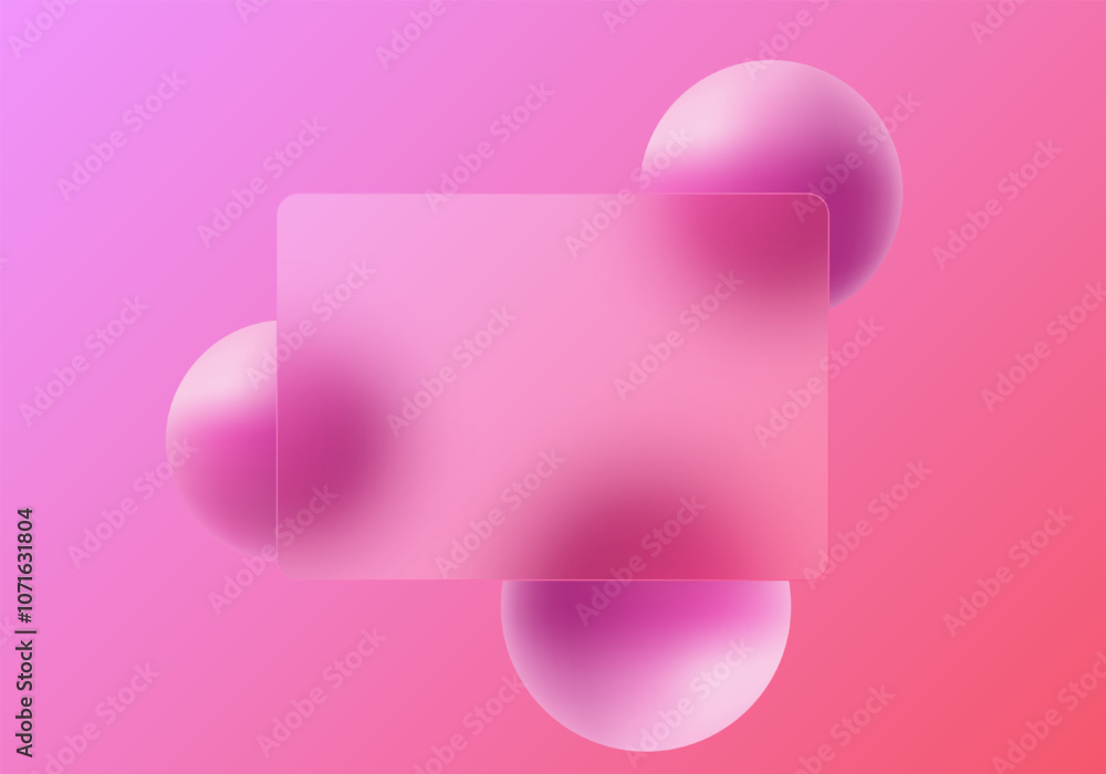 Aufkleber glass morphism website landing page template. frosted glass partition with floating spheres.
