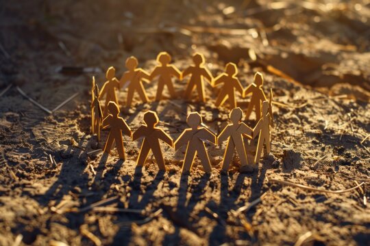 A group of paper people in a circle, symbolizing community and friendship, viewed from a high angle to emphasize unity