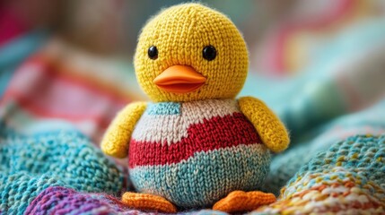 A close-up of a knitted yellow duck toy with a colorful striped sweater, sitting on a soft, multi-colored knitted blanket.